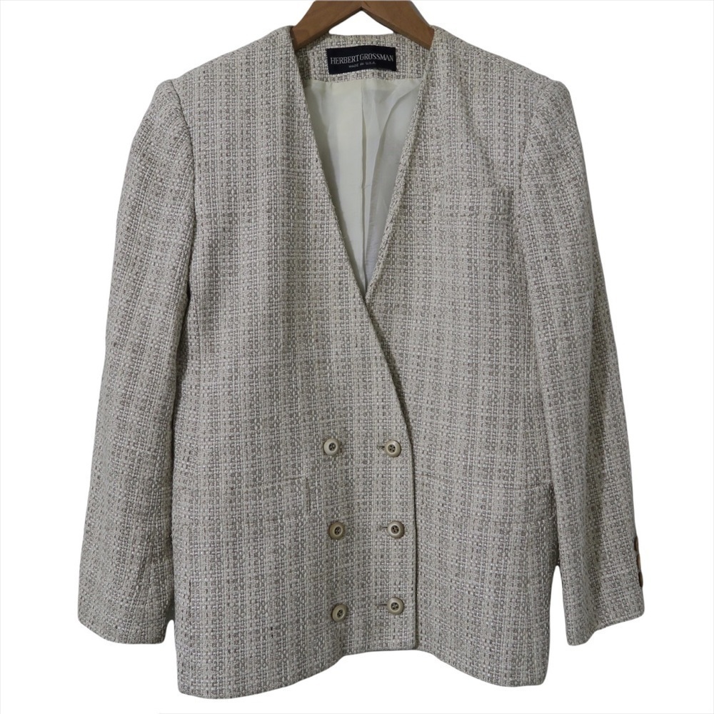 VTG Cream Tweed Blazer Career Union Made Shoulder‎ Pads Herbert Grossman